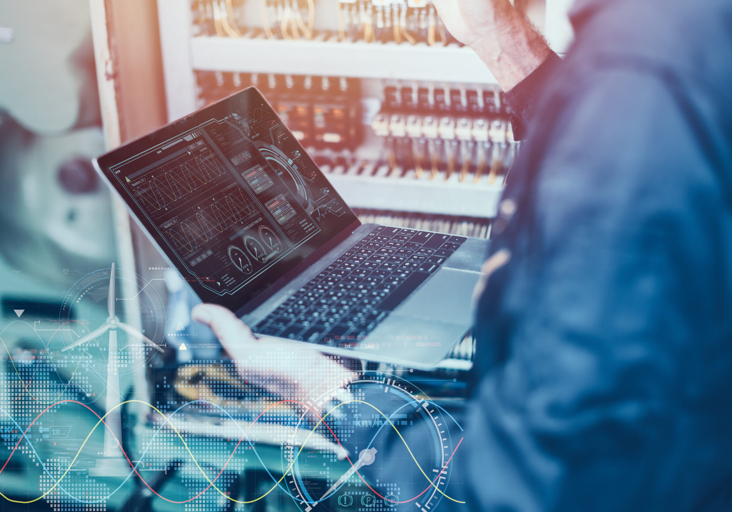 Electricity engineer work using AI computer software control monitor power consumption saving energy concept