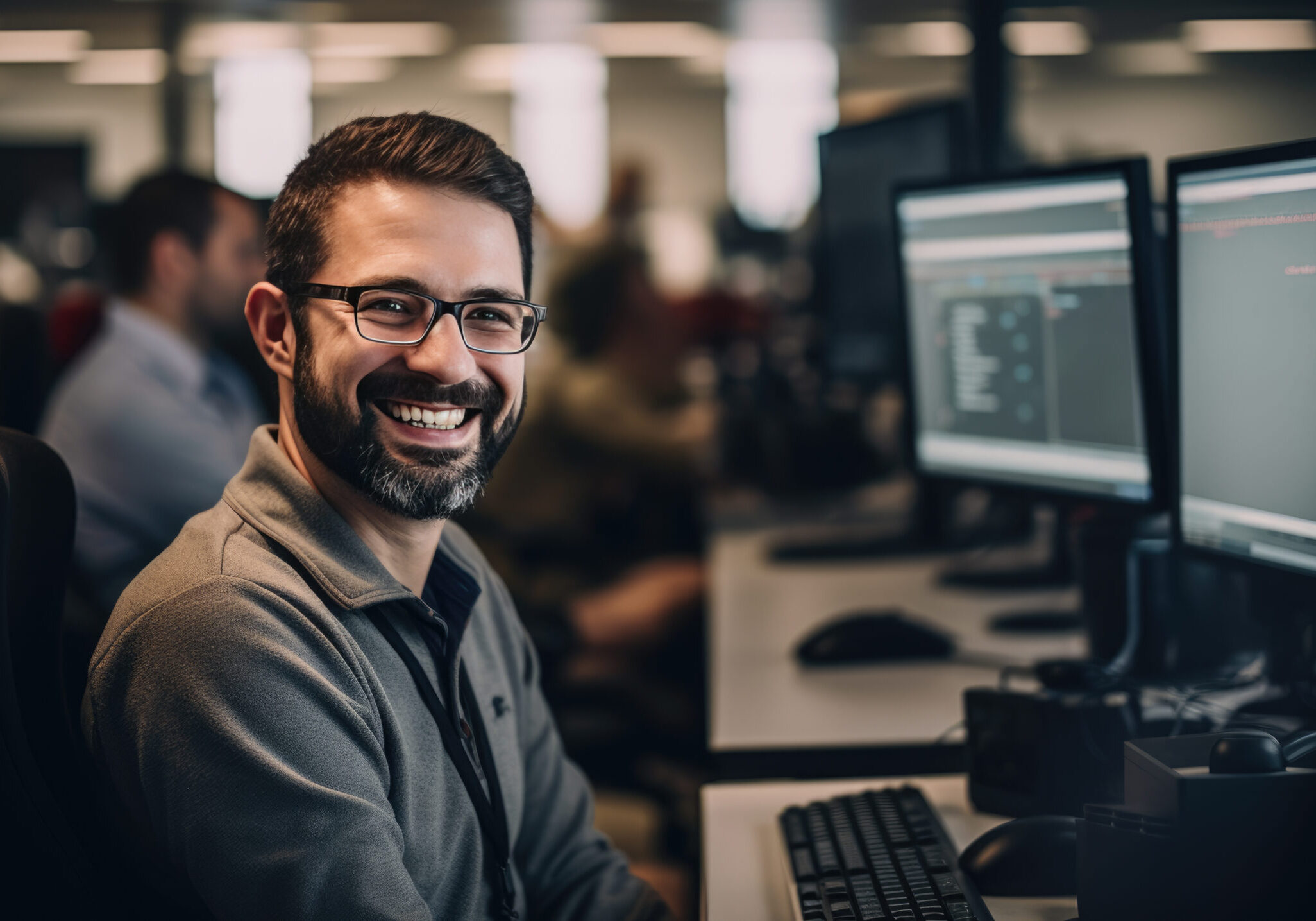 Cheerful programmer man wearing eyeglasses working with computers in office.