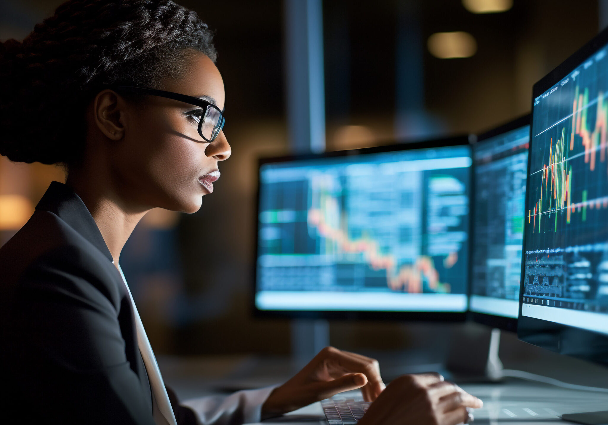 Young Black Female Business Executive in Modern Office, Leading AI in Finance