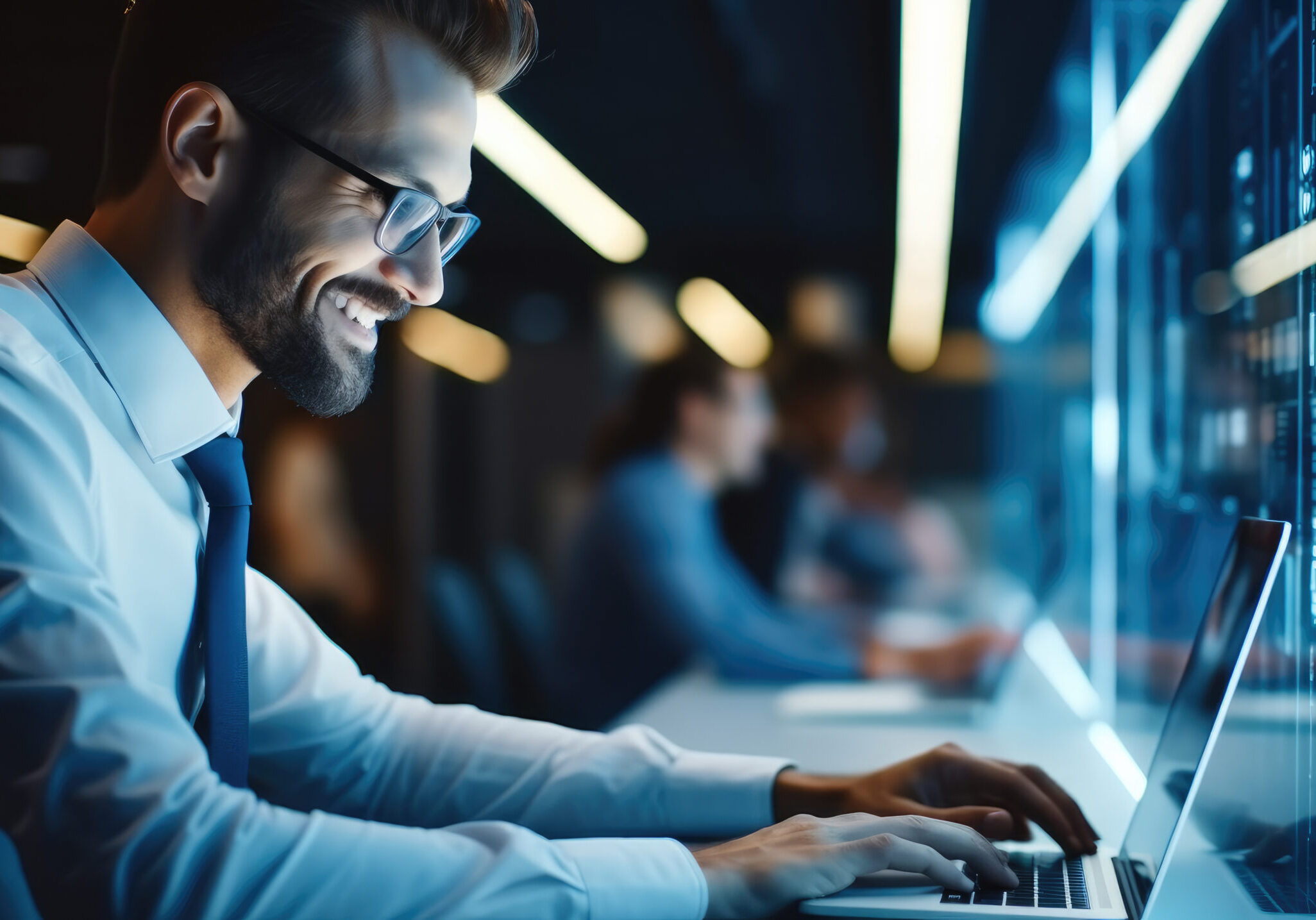 IT engineer man computer administrator working in server room, Digital world.