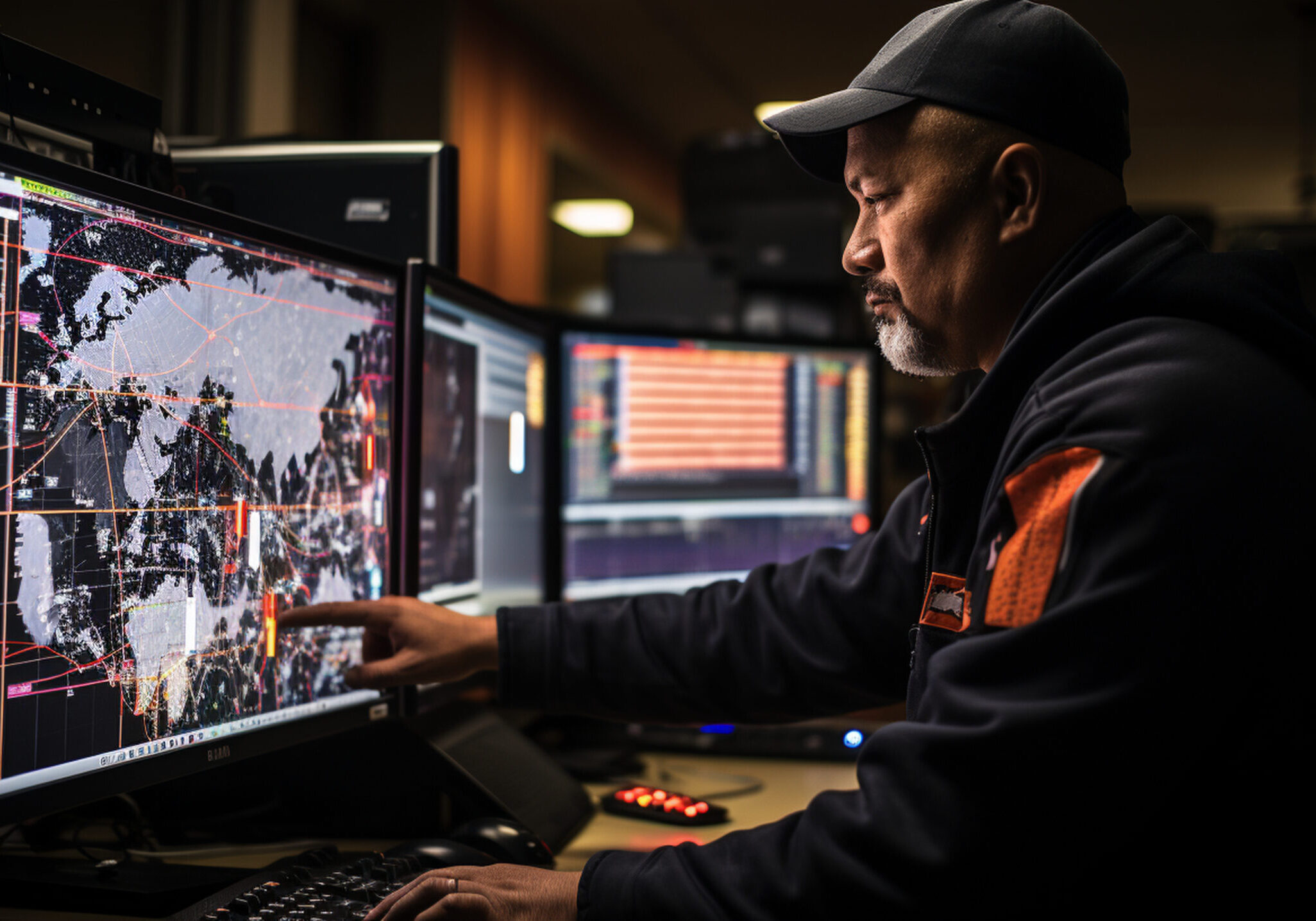 Fleet Management: A dispatcher monitoring a fleet of trucks via computer screens, showing the technology behind efficient logistics.