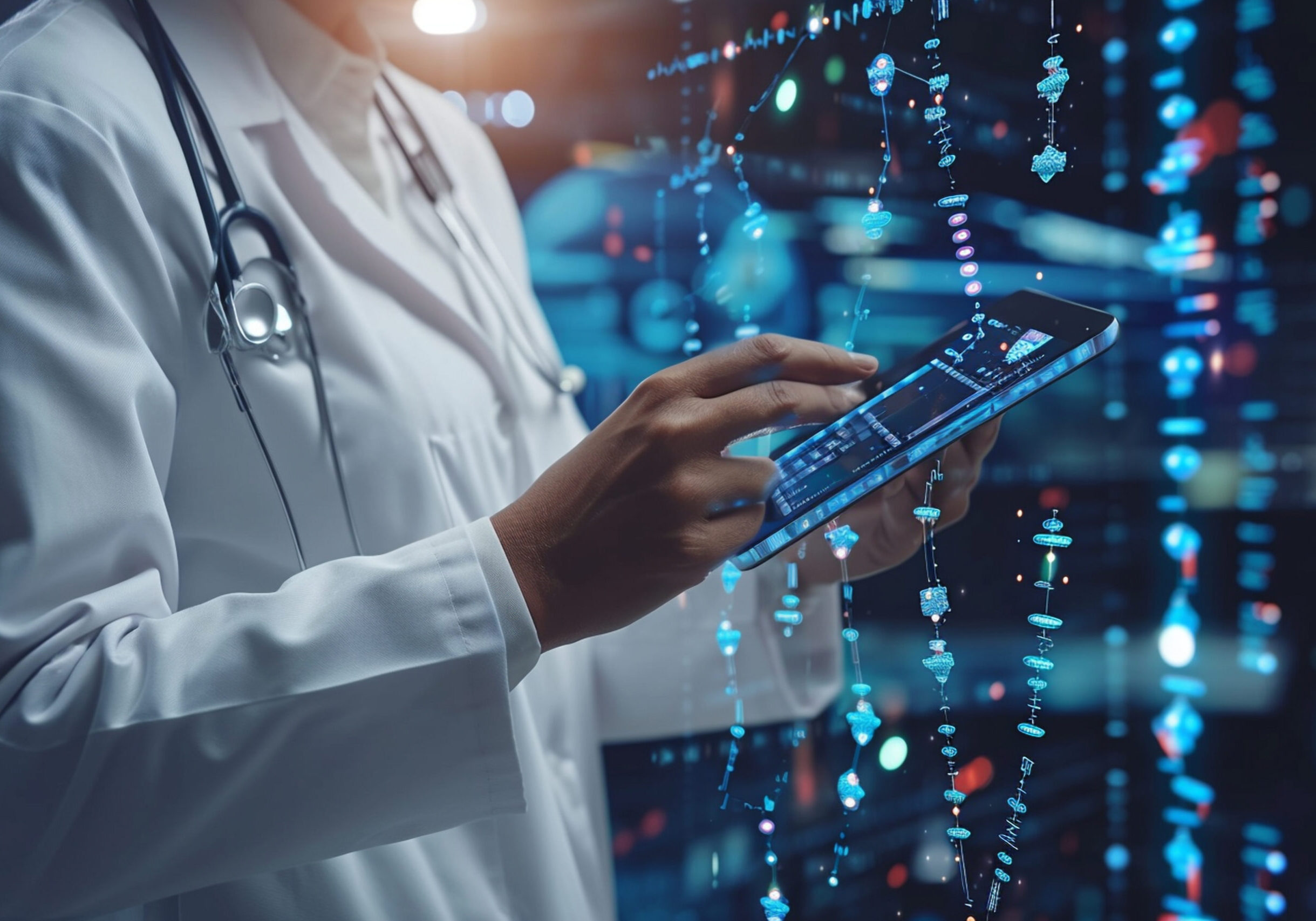 "Digital Frontier of Healthcare: A Medicine Doctor Engaging with Electronic Medical Records on a Tablet, Embracing DNA Data. The Interface Displays a Network Connection and Futuristic Holographic Medi